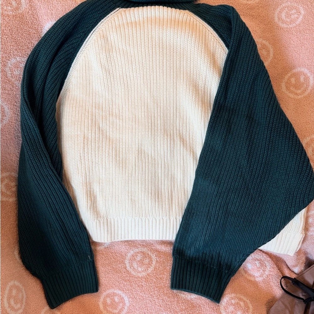 Two-Tone Green and Cream Women's Turtleneck Sweater